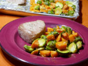 Sheet pan tuna, sweet potatoes and Brussels sprouts.