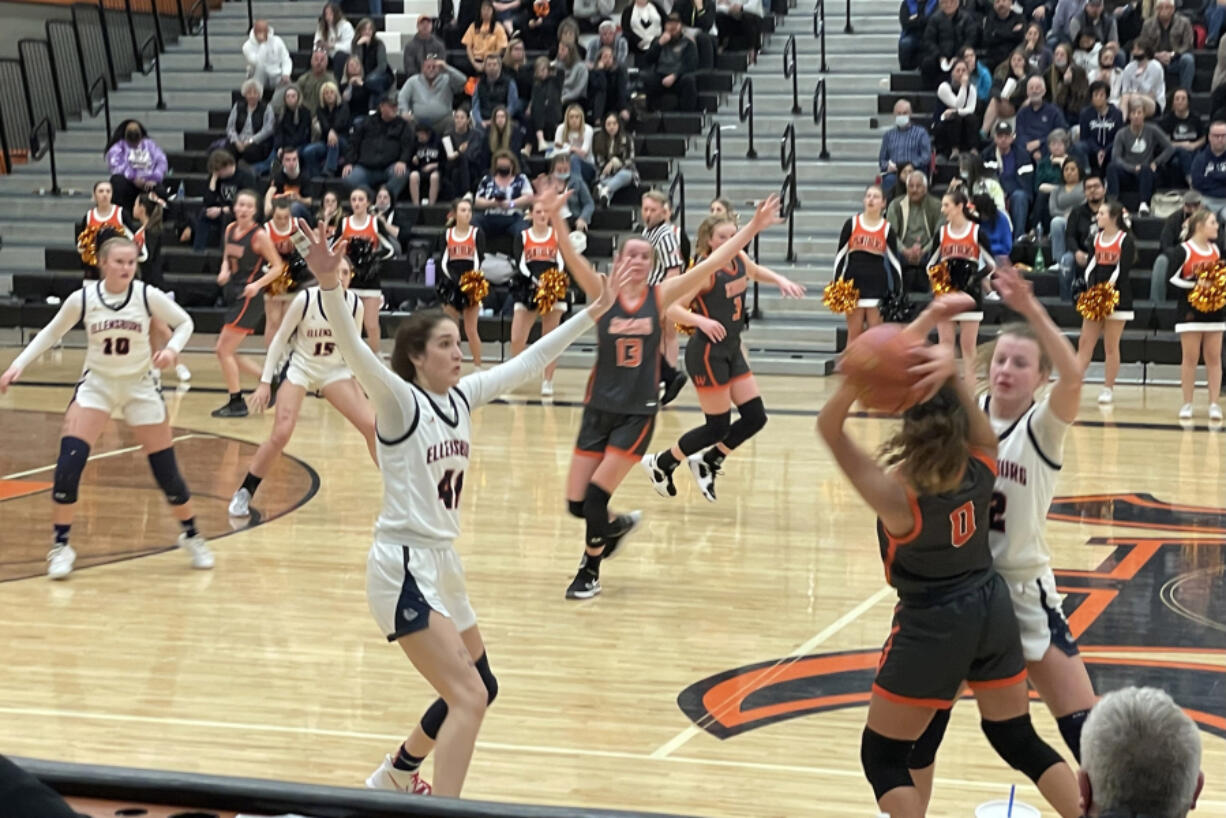 Ellensburg defenders pressure Washougal during the second half of the 2A girls basketball regional on Saturday in Yakima.