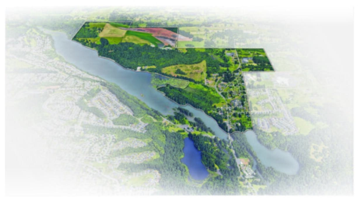 An illustration shows the Camas North Shore area, a swath of land that extends to the northern Camas city limits and is bordered by Lacamas Lake, Northeast 232nd Avenue and Everett Street.