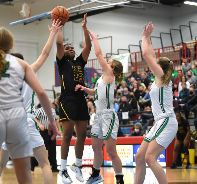 Hudson’s Bay senior Aniyah Hampton shoots the ball Friday, Feb. 18, 2022, during the Eagles’ 59-46 loss to Tumwater at Mark Morris High School in Longview.