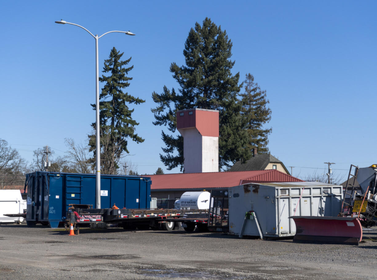 The Tower Plaza tower overlooks the former Golden Skate property and proposed site for Vancouver's second Safe Stay Community on Wednesday. Dice Age Games owner Roy Starkweather said property owners within 1,200 feet of the site were invited to tour the original supportive site to see how it's operated.