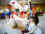 Audience members reach out to touch the elaborate lion dance costumes during the Lunar New Year celebration at Vancouver Mall. (Molly J.