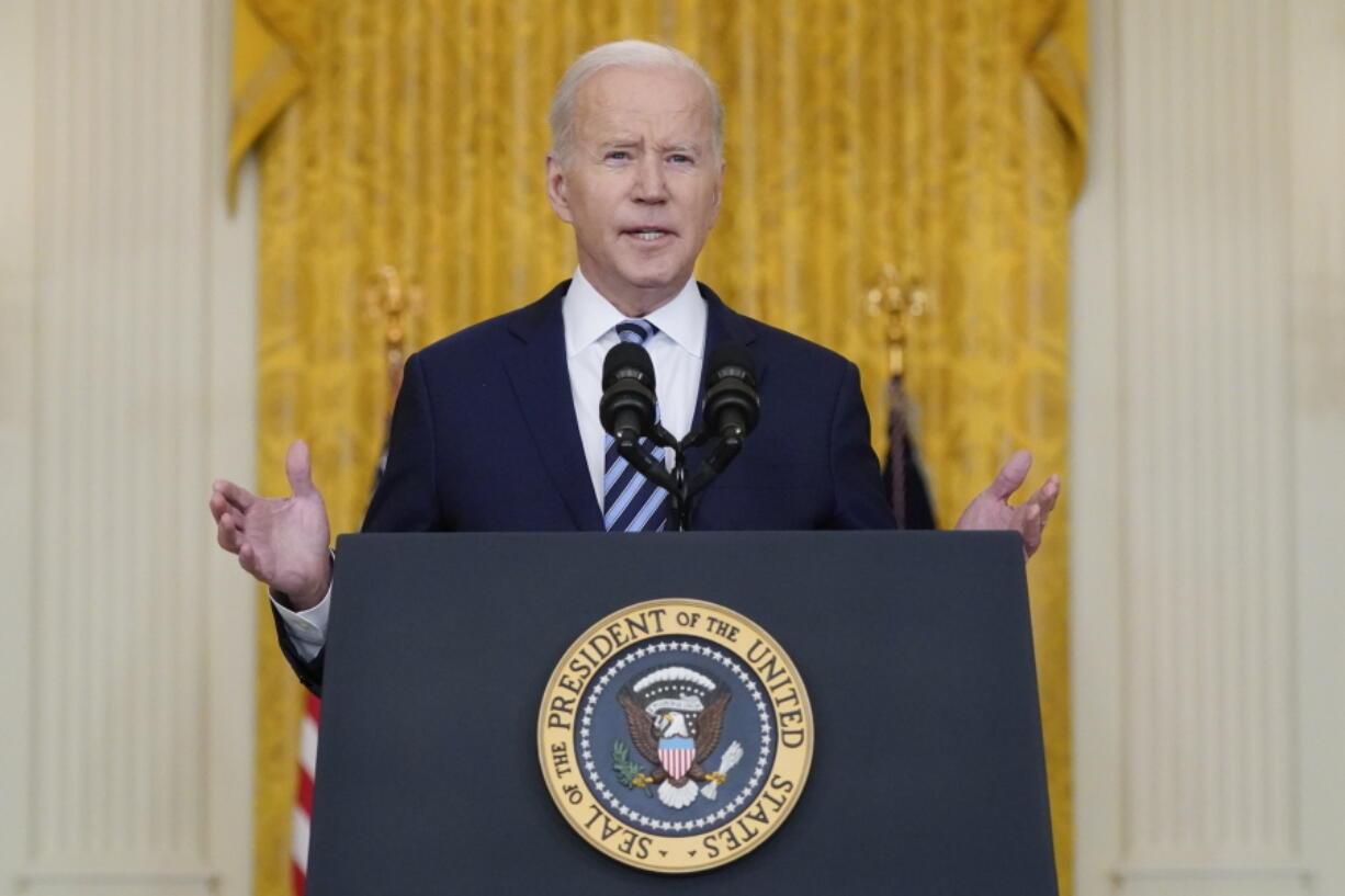 President Joe Biden speaks about the Russian invasion of Ukraine in the East Room of the White House, Thursday, Feb. 24, 2022, in Washington.