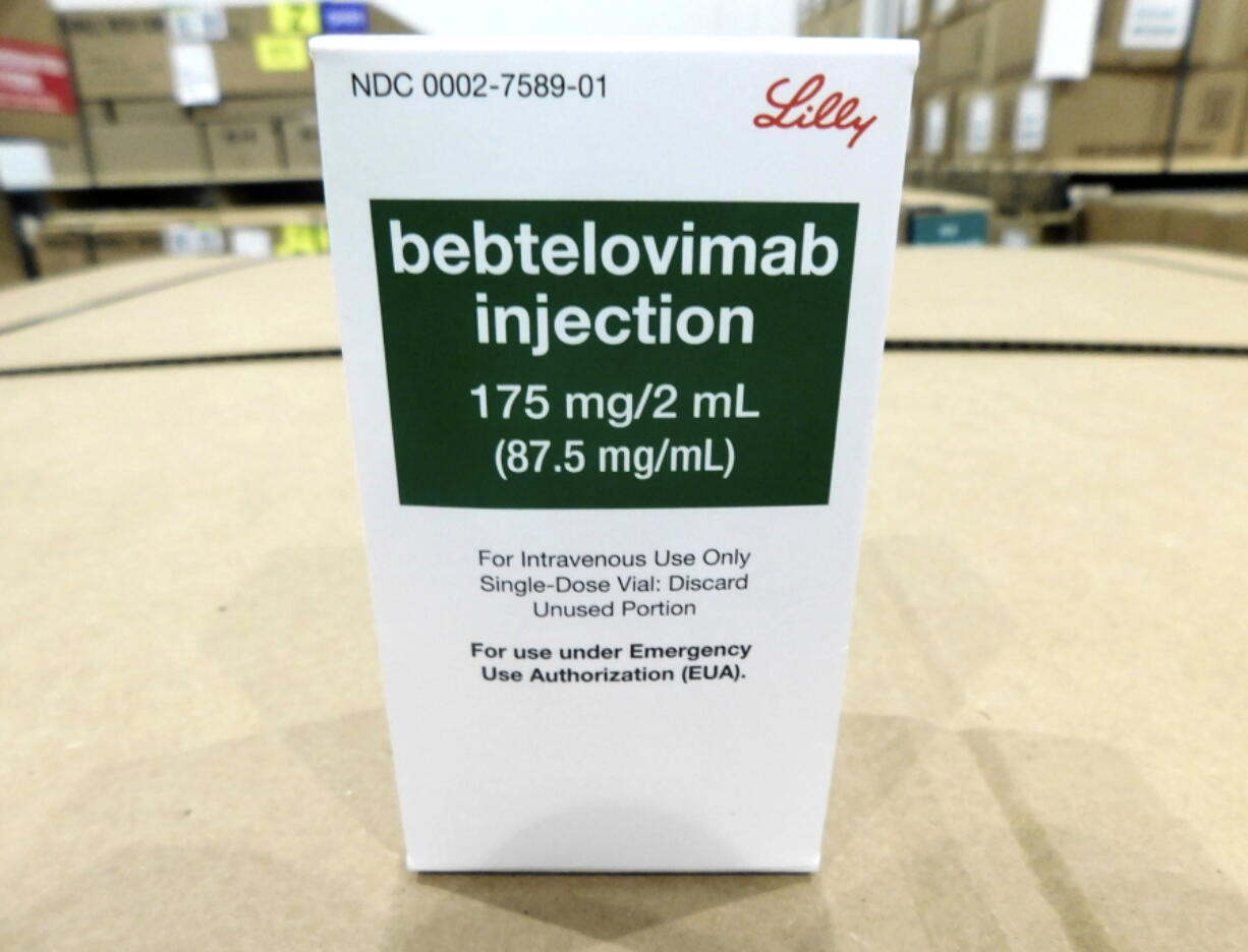 This image provided by Eli Lilly and Company shows the packaging for bebtelovimab. U.S. health regulators on Friday, Feb 11, 2022, authorized the new antibody drug from Eli Lilly that specifically targets the omicron variant, a key step in restocking the nation's arsenal against the latest version of COVID-19.