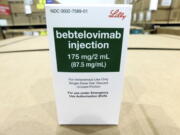 This image provided by Eli Lilly and Company shows the packaging for bebtelovimab. U.S. health regulators on Friday, Feb 11, 2022, authorized the new antibody drug from Eli Lilly that specifically targets the omicron variant, a key step in restocking the nation's arsenal against the latest version of COVID-19.