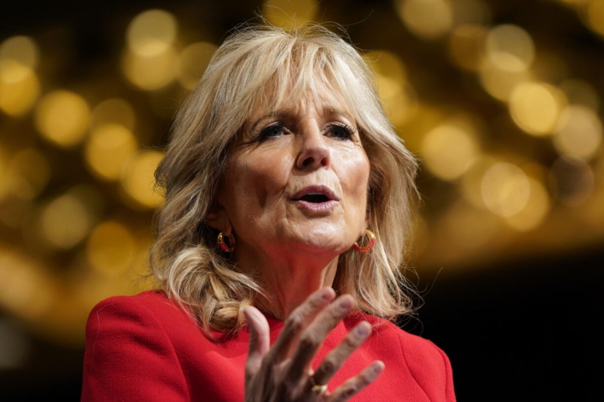 First lady Jill Biden speaks at the Community College National Legislative Summit, Monday, Feb. 7, 2022, in Washington.