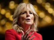 First lady Jill Biden speaks at the Community College National Legislative Summit, Monday, Feb. 7, 2022, in Washington.