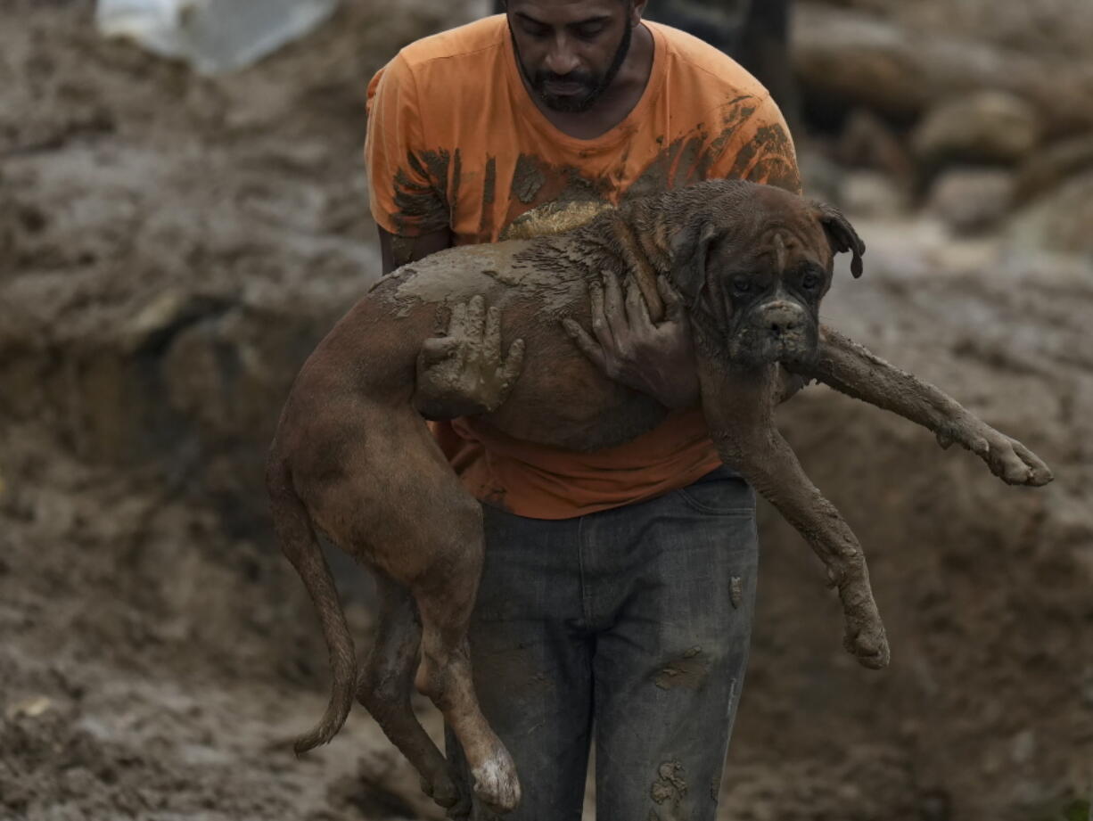 A man carries a dog away from a residential area destroyed by mudslides in Petropolis, Brazil, Wednesday, Feb. 16, 2022. Extremely heavy rains set off mudslides and floods in a mountainous region of Rio de Janeiro state, killing multiple people, authorities reported.