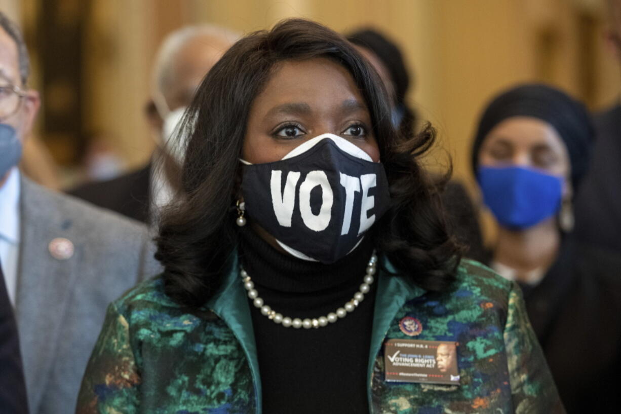 FILE - Rep. Terri Sewell, D-Ala., alongside other members of the Congressional Black Caucus, speaks in front of the senate chambers about their support of voting rights legislation at the Capitol in Washington, on Jan. 19, 2022. The Supreme Court's decision to halt efforts to create a second mostly Black congressional district in Alabama for the 2022 election has sparked fresh warnings that the court is eroding the Voting Rights Act and reviving the need for Congress to intervene.