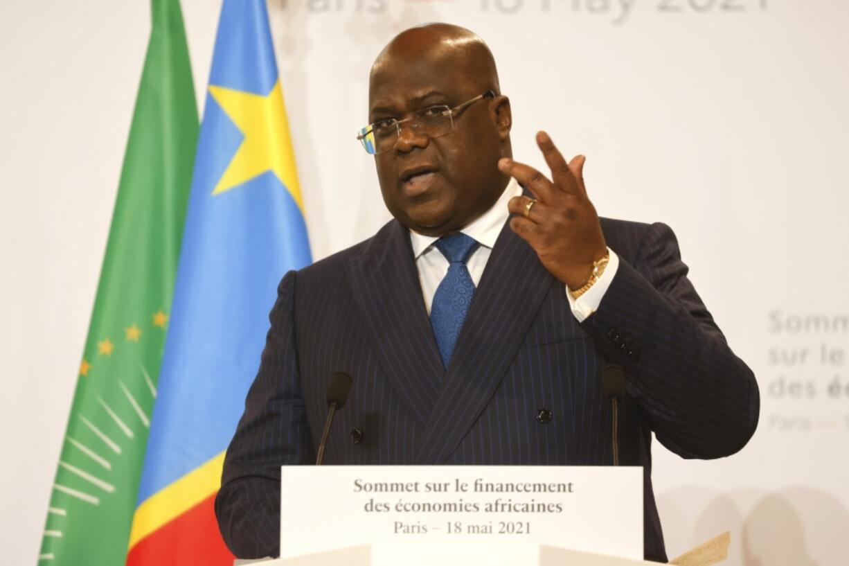 Senegal's President Macky Sall speaks at the end of the Financing of African Economies Summit, in Paris, on May, 18 May 2021. European Union leaders want to re-engage with African nations and counter the growing influence from China and Russia across the continent during a two-day summit in Brussels.The EU-African Union gathering starts Thursday, Feb. 17, 2022.