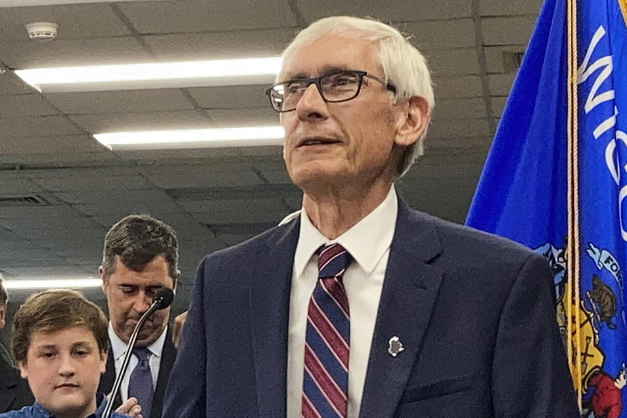 FILE - Democratic Wisconsin Gov. Tony Evers speaks at Cumberland Elementary School, July 8, 2021, in Whitefish Bay, Wis. Wisconsin, Kansas, Michigan and Pennsylvania, are places with Republicans in control of state legislatures with Democratic-held governorships are on the ballot in the fall.