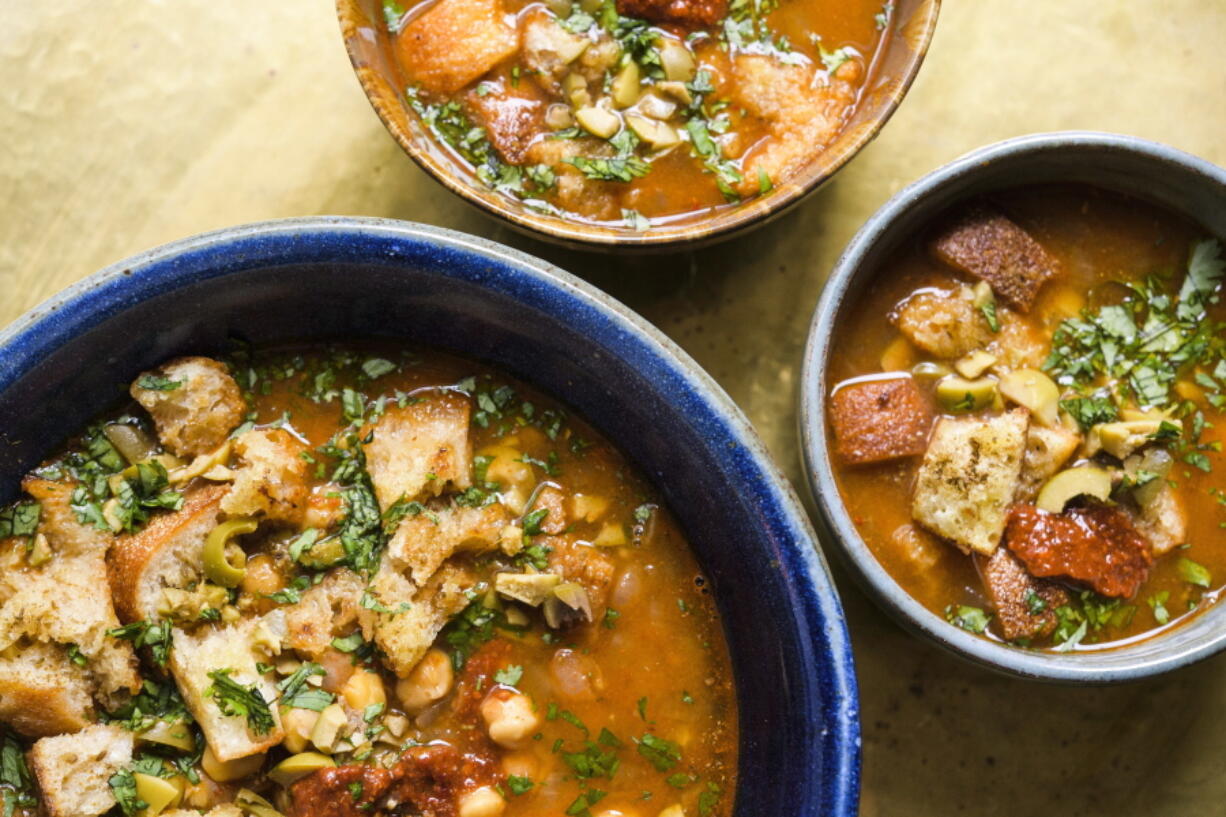 This image released by Milk Street shows a recipe for Chickpea & Harissa Soup.