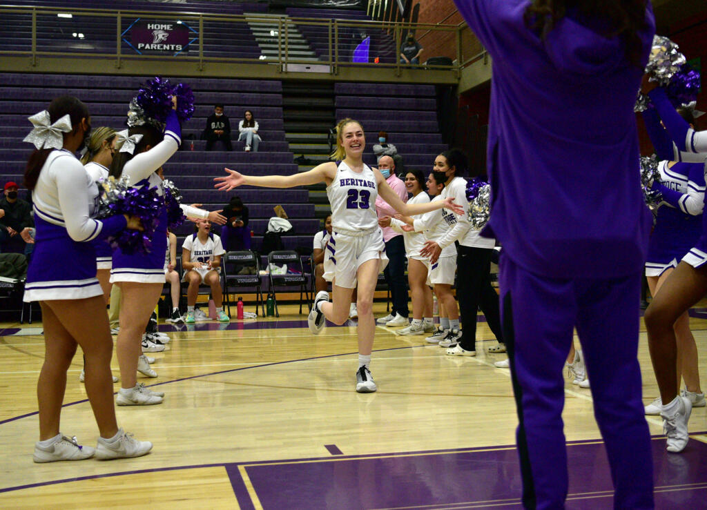 Heritage senior Paige Kirby is introduced before a game against Skyview Tuesday, Jan. 4, 2022, at Heritage High School.