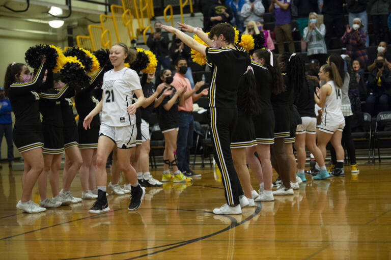 Hudson's Bay senior Paytin Ballard is introduced prior to Friday's 2A district tournament game against Mark Morris.