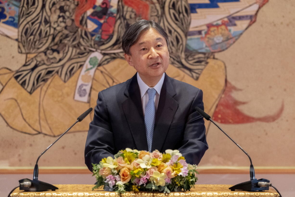 In this photo provided by the Imperial Household Agency of Japan, Japan's Emperor Naruhito speaks during a press conference at the Imperial Palace in Tokyo, Japan, on Monday, Feb. 21, 2022, ahead of the Emperor's 62nd birthday on Feb. 23.