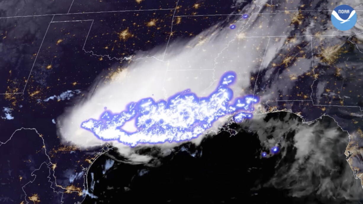 This satellite image provided by the National Oceanic and Atmospheric Administration shows a thunderstorm complex which was found to contain the longest single flash that covered a horizontal distance on record, at around 768 kilometers (477 miles) across parts of the southern United States on April 29, 2020. Two stormy parts of the Americas set records for longest lightning flashes back in 2020, the World Meteorological Organization said Monday, Jan. 31, 2022.