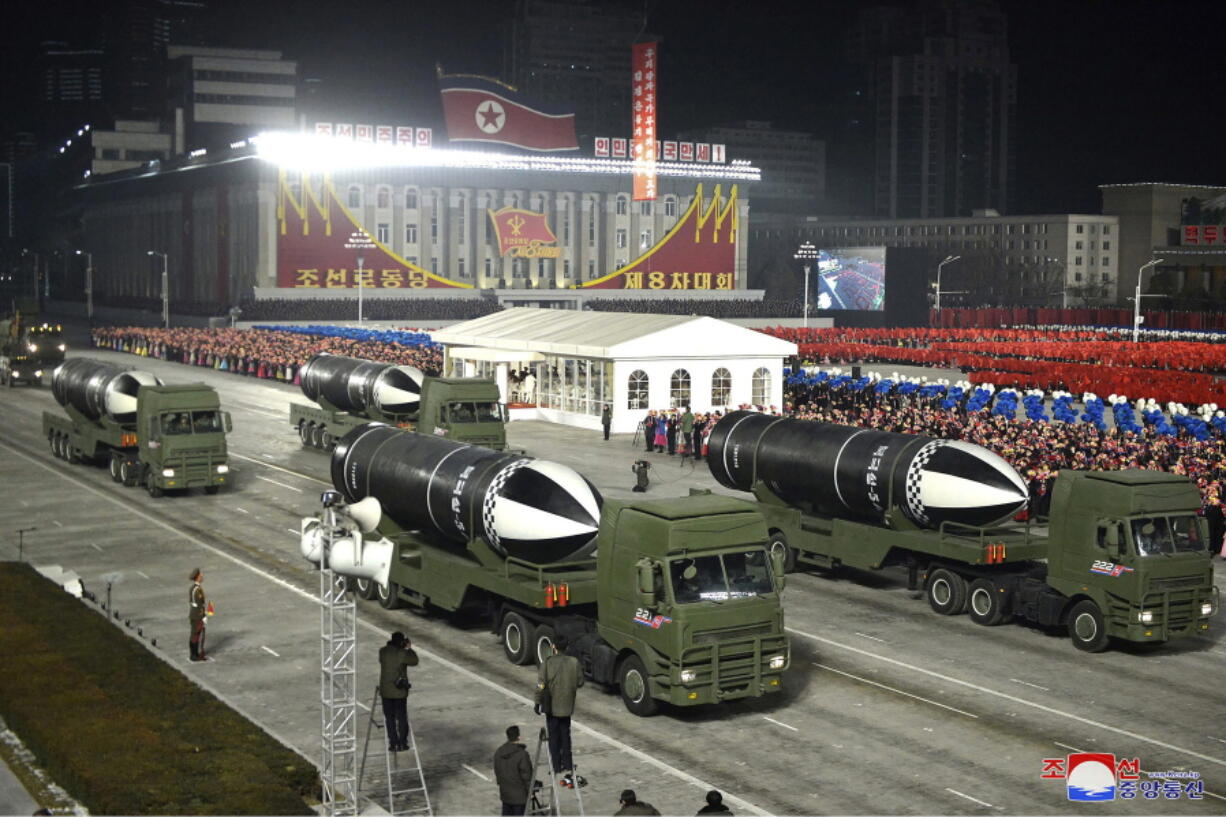 FILE - This photo provided by the North Korean government shows missiles during a military parade marking the ruling party congress, at Kim Il Sung Square in Pyongyang, North Korea on Jan. 14, 2021. Independent journalists were not given access to cover the event depicted in this image distributed by the North Korean government. The content of this image is as provided and cannot be independently verified. Korean language watermark on image as provided by source reads: "KCNA" which is the abbreviation for Korean Central News Agency.