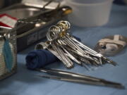 FILE - Surgical instruments and supplies lay on table during a kidney transplant surgery at MedStar Georgetown University Hospital in Washington D.C., Tuesday, June 28, 2016. The U.S. transplant system isn't fair enough and needs an overhaul to stop wasting organs and give more patients an equal chance at the life-saving surgery, says an influential scientific advisory panel.