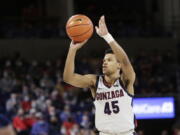 Gonzaga guard Rasir Bolton shoots during the second half of an NCAA college basketball game against Pacific, Thursday, Feb. 10, 2022, in Spokane, Wash.