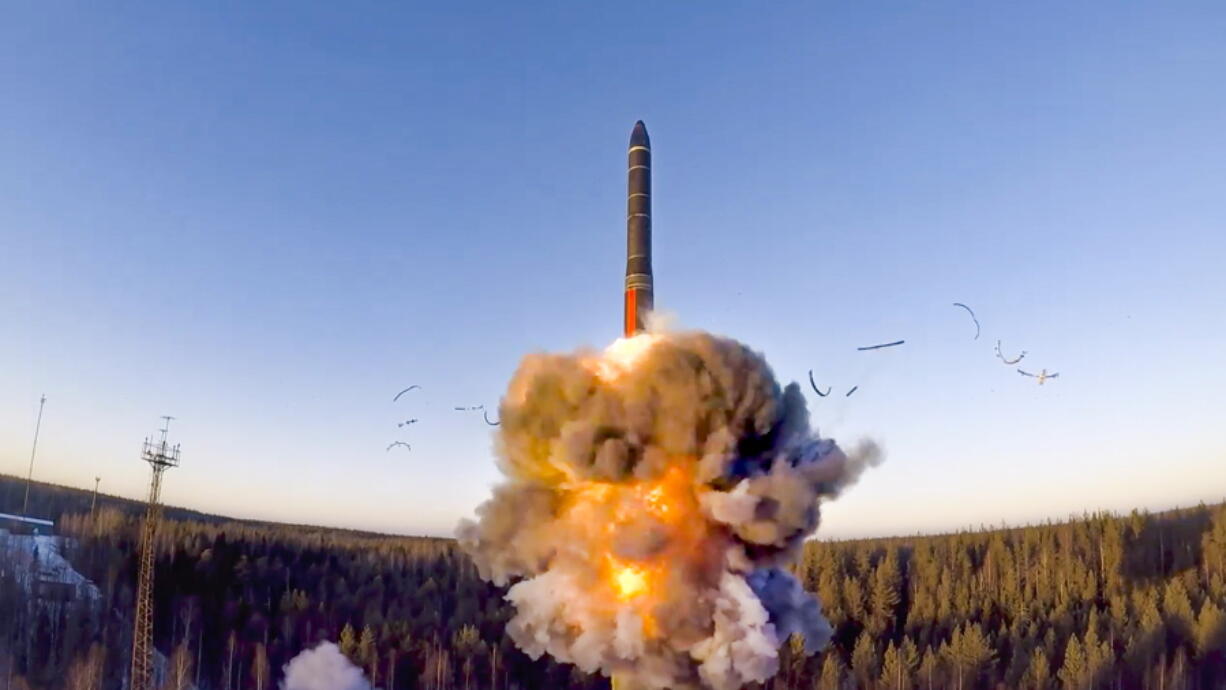 FILE - In this file photo taken from a video distributed by Russian Defense Ministry Press Service, on Dec. 9, 2020, a ground-based intercontinental ballistic missile was launched from the Plesetsk facility in northwestern Russia. Russia is planning massive drills of its strategic military forces that provide a stark reminder of the country's nuclear might. The Russian Defense Ministry announced the war games on Friday amid Western fears that Moscow might be preparing to invade Ukraine.