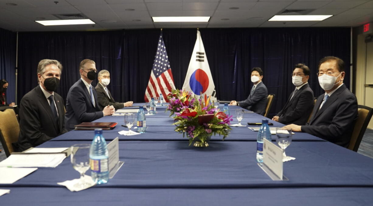 U.S. Secretary of State Antony Blinken meets with South Korean Foreign Minister Chung Eui-yong in Honolulu, Hawaii Saturday, Feb. 12, 2022.