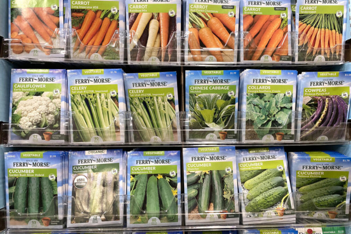 Vegetable seeds line the shelves of Home Depot, March 1, 2022. People in Washington state can use food stamps to buy plants and seeds, in addition to food.