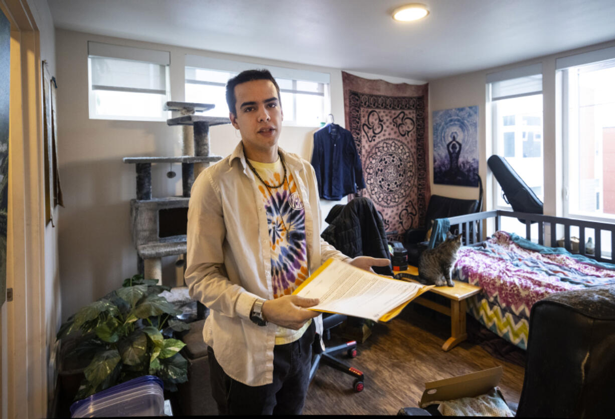 Trevor Rigdon is a renter in Seattle's Capitol Hill neighborhood, living in a micro studio apartment. He just received a 14-day notice to pay or vacate because his rent is late this month, on March 7, 2022.