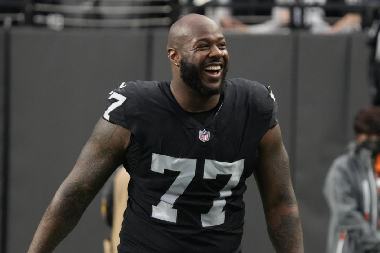 Las Vegas Raiders defensive tackle Quinton Jefferson (77) during the first half of an NFL football game against the Denver Broncos, Sunday, Dec. 26, 2021, in Las Vegas.