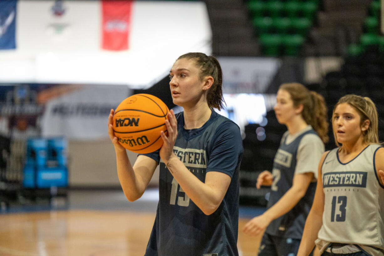 Western Washington forward Brooke Walling participates in a shootaround before the Vikings' NCAA Division-II semifinal game against North Georgia on Tuesday in Birmingham, Alabama.