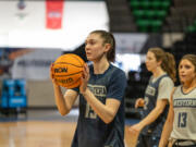 Western Washington forward Brooke Walling participates in a shootaround before the Vikings' NCAA Division-II semifinal game against North Georgia on Tuesday in Birmingham, Alabama.