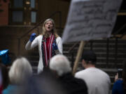 State Rep. Vicki Kraft, R-Vancouver, speaks to a crowd gathered in front of Clark County Superior Court to protest Washington Gov.
