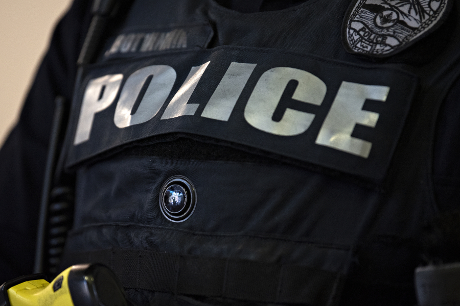 A Vancouver police officer tests a body-worn camera in late 2021. The department ultimately rejected the first camera in the trial.