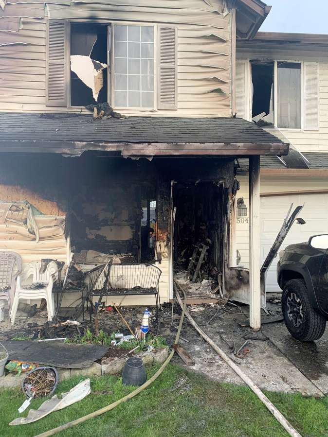 A house was damaged after it caught fire early Sunday morning in Hazel Dell. A man was taken to a Portland hospital for treatment of burns; both residents were displaced.