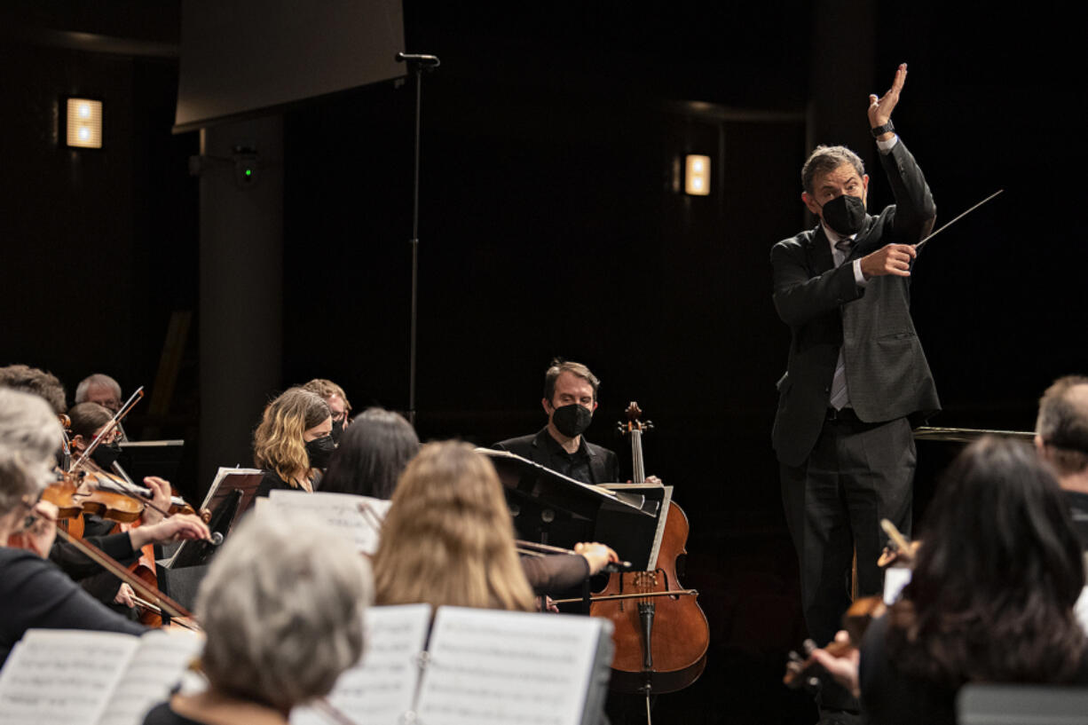 Maestro Salvador Brotons leads the Vancouver Symphony Orchestra during an educational concert for third and fifth grade students at Skyview High School on Friday morning. The audience enjoyed a tour of the instruments, interviews with musicians and a fun mix of classical standards with movie and pop hits.