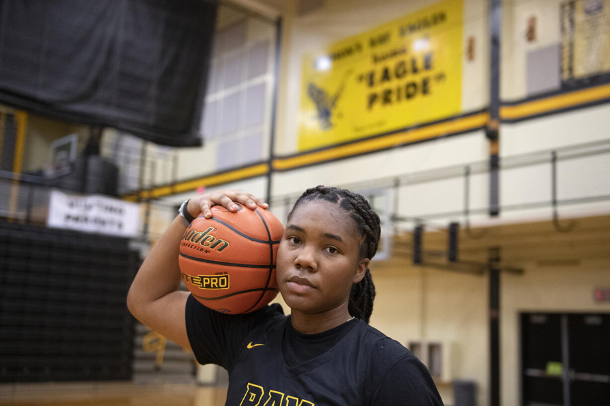 Hudson's Bay senior point guard Aniyah Hampton, the All-Region girls basketball player of the year, takes a break from classes at Hudson's Bay High School on Monday afternoon, March 14, 2022.