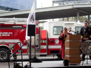 Cowlitz Indian Tribe General Council Vice Chair Patty Kinswa-Gaiser and Clark-Cowlitz Fire Rescue Fire Chief John Nohr speak at the ceremony on Friday at ilani.