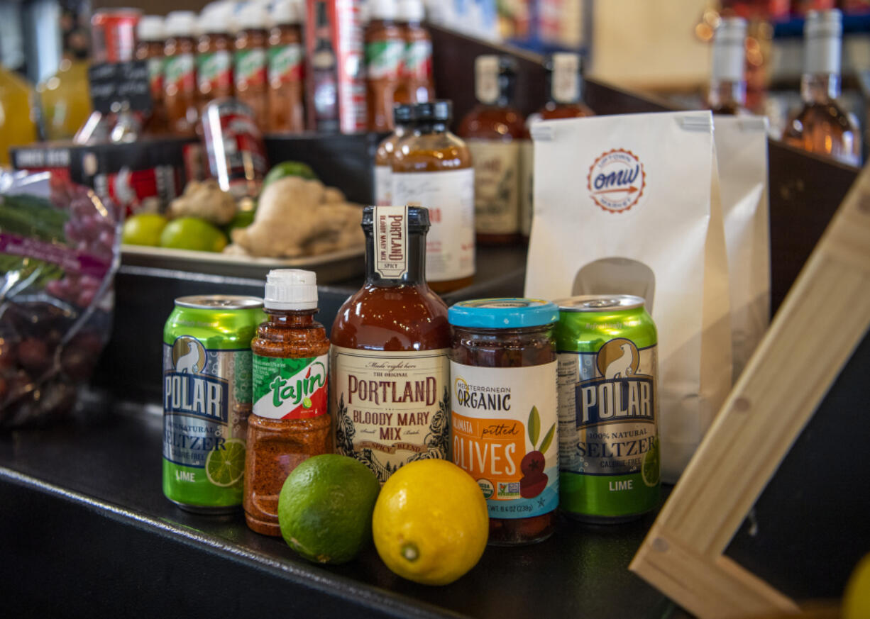 Bloody Mary ingredients sit on a table Tuesday at OMW Uptown Market.