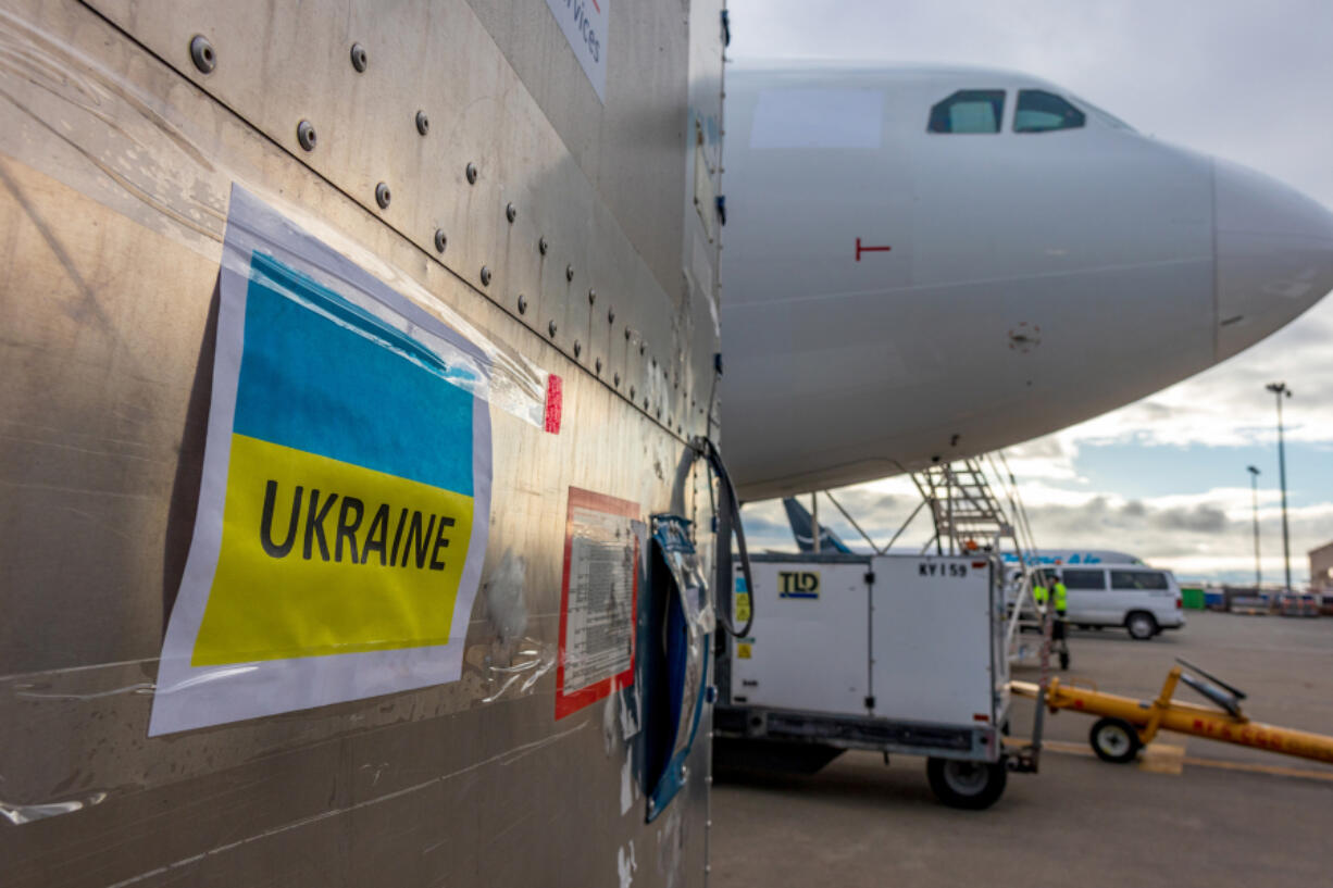 Medical supplies purchased with donations from across the Northwest are prepared for a flight to Ukraine at the Seattle-Tacoma Airport on Monday.