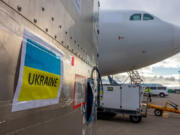 Medical supplies purchased with donations from across the Northwest are prepared for a flight to Ukraine at the Seattle-Tacoma Airport on Monday.