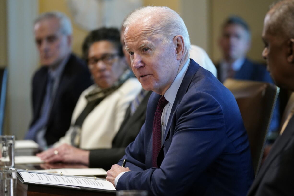 President Joe Biden speaks during a cabinet meeting in the Cabinet Room of the White House, Thursday, March 3, 2022, in Washington.