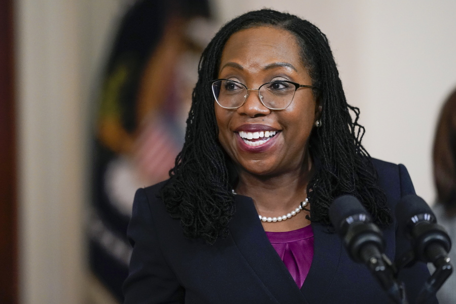 Judge Ketanji Brown Jackson speaks after President Joe Biden announced Jackson as his nominee to the Supreme Court in the Cross Hall of the White House, Friday, Feb. 25, 2022, in Washington.