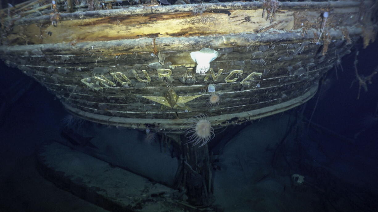 In this photo issued by Falklands Maritime Heritage Trust, a view of the stern of the wreck of Endurance, polar explorer's Ernest Shackleton's ship. Scientists say they have found the sunken wreck of polar explorer Ernest Shackleton's ship Endurance, more than a century after it was lost to the Antarctic ice. The Falklands Maritime Heritage Trust says the vessel lies 3,000 meters (10,000 feet) below the surface of the Weddell Sea. An expedition set off from South Africa last month to search for the ship, which was crushed by ice and sank in November 1915 during Shackleton's failed attempt to become the first person to cross Antarctica via the South Pole.