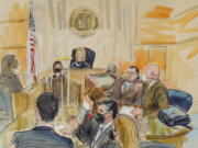 This artist sketch depicts Judge Dabney Friedrich looking out from the bench during jury selection for Guy Wesley Reffitt, joined by his lawyer William Welch, top right, in Federal Court, in Washington, Monday, Feb. 28, 2022. Seated from front left are members of the U.S. prosecution legal team, Tim Ryan, Risa Berkower, Jeff Nestler, and Amanda Rohde. Reffitt, a Texas man charged with storming the U.S. Capitol with a holstered handgun on his waist, is the first Jan. 6 defendant to go on trial.