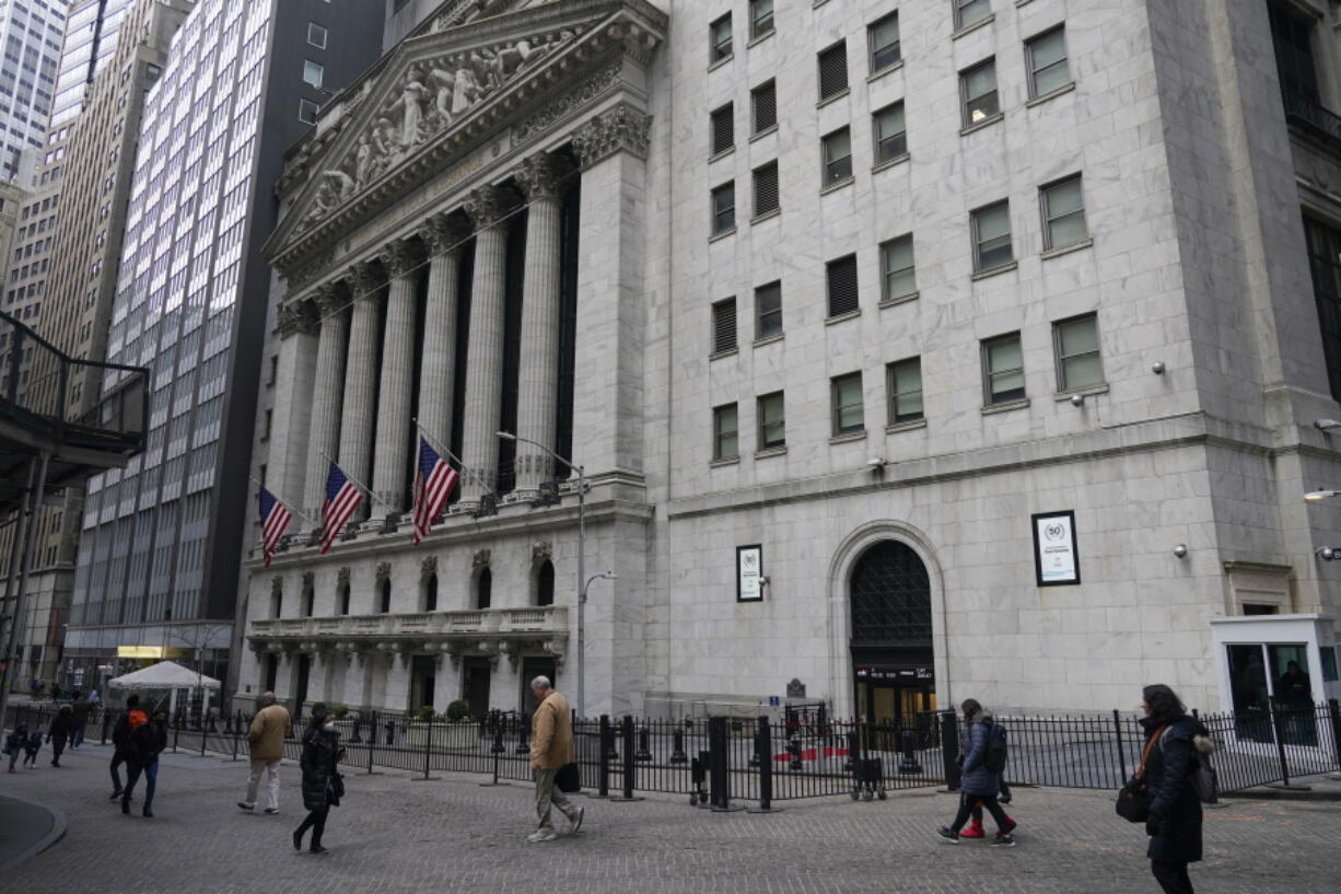 The New York Stock Exchange is seen in New York, Thursday, Feb. 24, 2022.  Oil prices are surging, Wednesday, March 2,  as Russia continues its assault on Ukraine, pushing crude up to $110 a barrel.