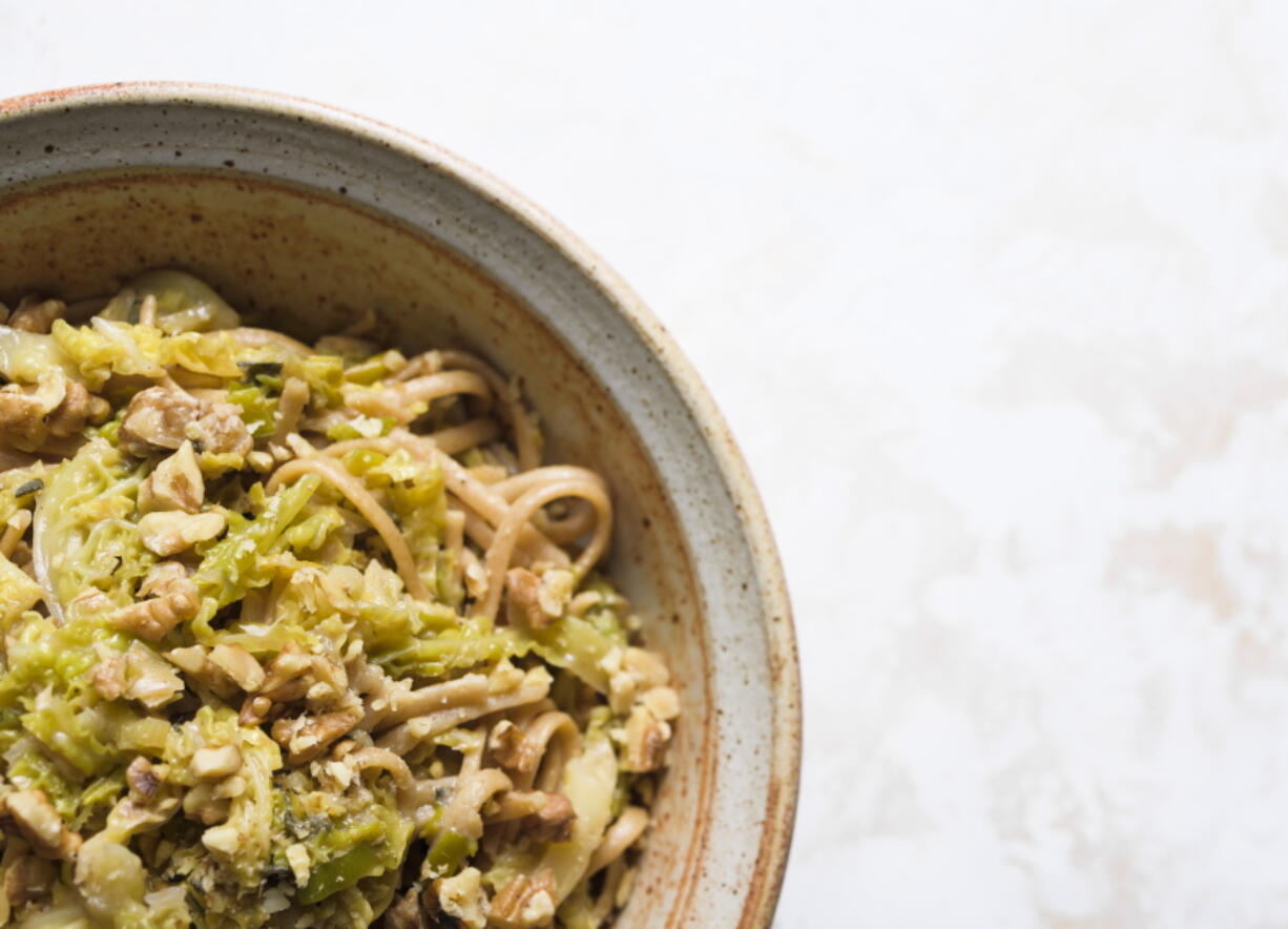 A recipe for Whole-Wheat Fettuccine With Leeks, Cabbage & Gruyere.