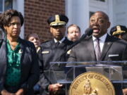 Washington Mayor Muriel Bowser, left, and Washington Metropolitan Police Chief Robert Contee III, center, stand as Alcohol, Tobacco and Firearms Special in Charge of the Washington Field Division Charlie Patterson, speaks during a news conference about the arrest of suspect in a recent string of attacks on homeless people, Tuesday, March 15, 2022, in Washington. A gunman suspected of stalking homeless people asleep on the streets of New York City and Washington, killing at least two people and wounding three others, was arrested early Tuesday, police said.