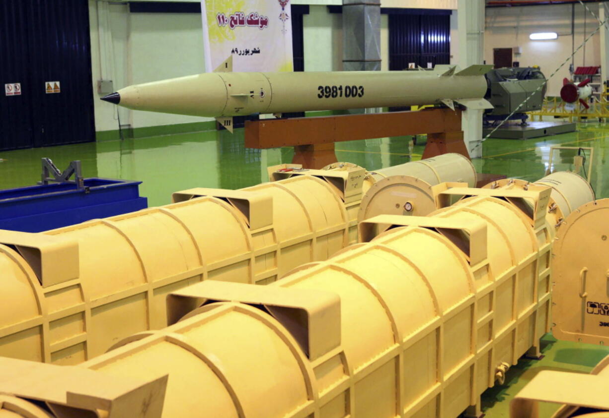 FILE - This photo released Sept. 21, 2010, by the Iranian Defense Ministry, claims to show the upgraded surface-to-surface Fateh-110 missile at an undisclosed location, in Tehran, Iran. Iran's powerful Revolutionary Guard said on its website that it launched a missile barrage that struck early Sunday,March 13, 2022, near a sprawling U.S. consulate complex in the northern Iraqi city of Irbil, saying it was retaliation for an Israeli strike in Syria that killed two members of its Revolutionary Guard. An Iraqi officials said the ballistic missiles were the Iranian-made Fateh-110.