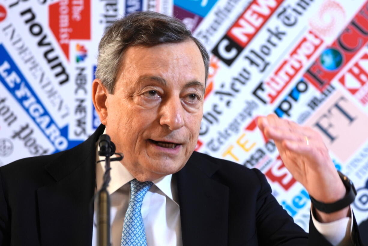 Italian Premier Mario Draghi attends a press conference at the Foreign Press Club in Rome, Thursday, March 31, 2022.