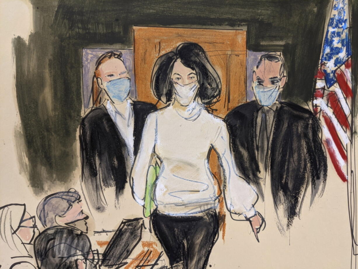 FILE -- In this courtroom sketch, Ghislaine Maxwell enters the courtroom escorted by U.S. Marshalls at the start of her trial, Nov. 29, 2021, in New York. Judge Alison Nathan said Thursday, Feb. 24, 2022, that she'll question a juror under oath during a rare post-verdict evidentiary hearing about the answers he gave during jury selection for the criminal trial of Maxwell after he told news outlets that he didn't recall being asked about prior sexual abuse.