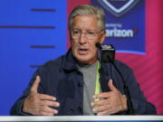 Seattle Seahawks head coach Pete Carroll speaks during a press conference at the NFL football scouting combine in Indianapolis, Wednesday, March 2, 2022.